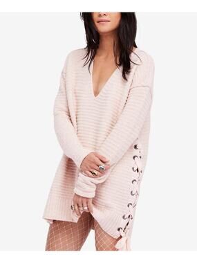 Free People Heart It Lace-Up Longline Cozy Sweater Rose Small